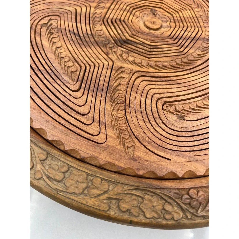 Hand Carved Collapsible Wooden Fruit Basket Spiral Design 5 Compartment Trivet